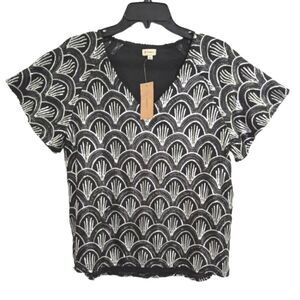 Cremieux Mary blouse black silver Glam sequin short sleeve dressy top S